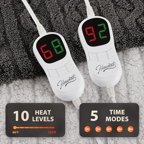 Image of Homemate Electric Heated Blanket King Size - 100 inchx90 inch Heating Bed Blankets Throw with 8 Hours Auto Off 10 Heating Levels Fast Heating Over-Heated Protection Soft Warm Flannel Bed ETL Certified
