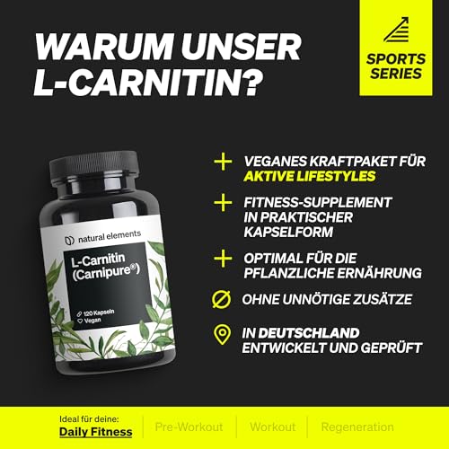 natural elements L-Carnitin 2000 - Premium: Carnipure® von Lonza - 120 Kapseln - Laborgeprüft, hochdosiert, vegan