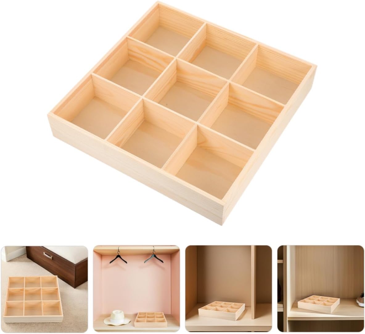 2pcs Wooden Drawer Organizer for Clothes with 9 Multi-compartment Dividers, Space Saving Storage Box for Socks, Underwear, and Accessories, for Closet and Dresser Organization
