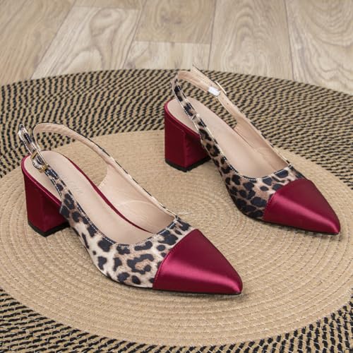 2.3 Inch Low Block Satin Slingback Heels for Women Cap Pointed Toe Leopard Print Ankle Strap Pumps Comfortable Dress Two Tone Shoes for Evening Party Prom2