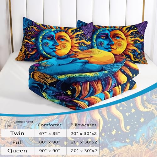 Image of AILONEN Sun and Moon Comforter Set Queen, Sun Moon Celestial Psychedelic Boho Bedding Set,Blue Yelow Star Comforter with 2 Pillowcases