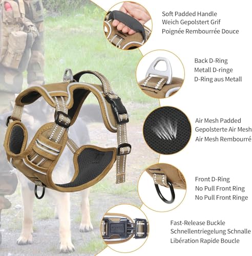 HEELE Hundegeschirr, Hundegeschirr Grosse Hunde Anti Zug Geschirr Hunde Brustgeschirr mit Griff Reflektierende Weich Gepolstert Atmungsaktiv, Braun, L