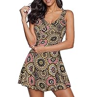 Zando Plus Size Swimsuit for Women Plus Size Swim Dress Tummy Control Tankini Bathing Suits Slimming Swim Dress Modest Swimsuits 1 Piece Deep V Neck Bathing Suit Swimwear Vintage Coffee Flower 18-20