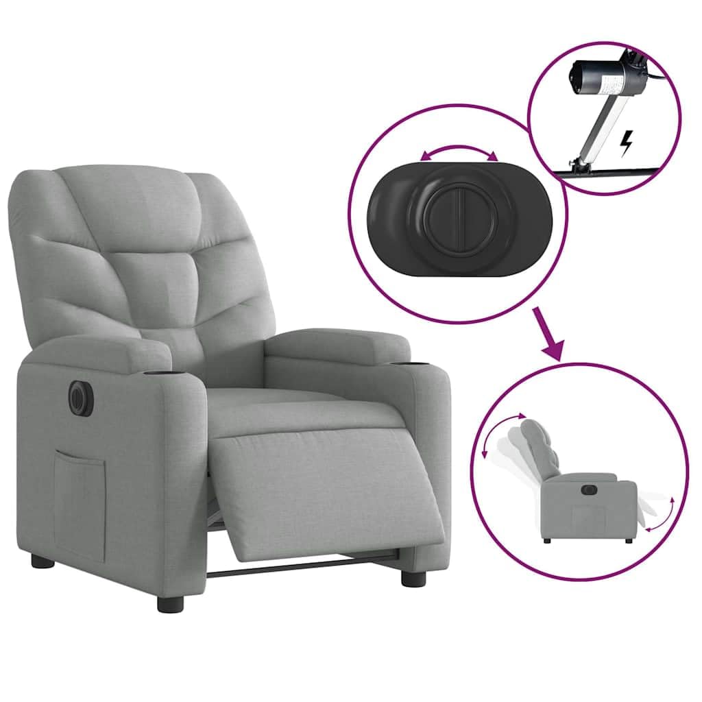 Fotel relaksacyjny, elektryczny, jasnoszary, materiał z funkcją leżenia, regulowany, ergonomiczny, wygodny, z podłokietnikami, drewniana rama metalowa, do salonu, kącika do czytania i biura