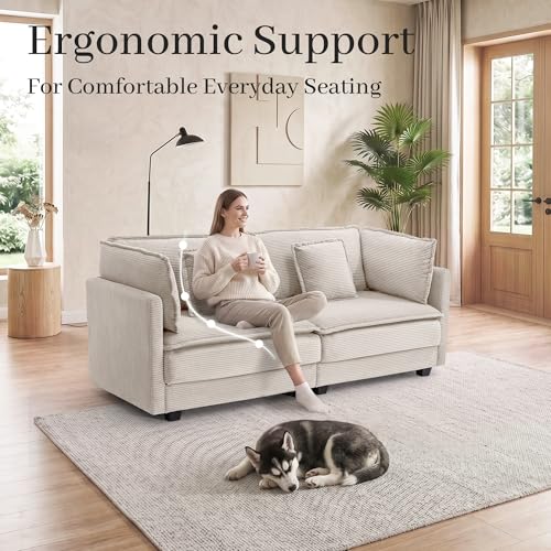 Image of 78.4 inch Corduroy Loveseat Couch, Small 2 Seater Sofa Modern Upholstered Couch for Living Room Apartment Bedroom, Beige