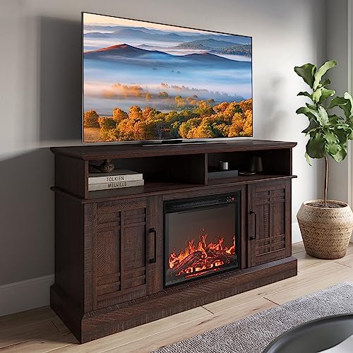 BELLEZE 48" TV Stand with 18" Electric Fireplace Heater, Modern TV Stand for TVs up to 50", Entertainment Media Stand with Open Shelves and Storage Ca