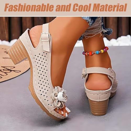 Buckled Square Heel Sandals for Women, Womens Peep Toe Slingback Low Chunky Heeled, Summer Sandals Wedge Shoes3