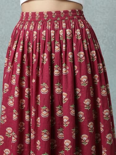 Image of Women's Floral Print Maxi Skirt, Maroon Red, 100% Pure Cotton, Elastic Waist, Full Length, Breathable Fabric