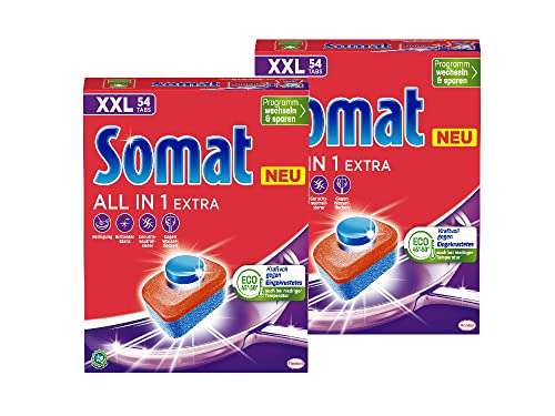 Somat All in 1 Extra Spülmaschinen Tabs (2x54 Tabs), Geschirrspül Tabs für strahlende Sauberkeit auch bei niedrigen Temperaturen, bekämpfen selbst verkrustete Rückstände