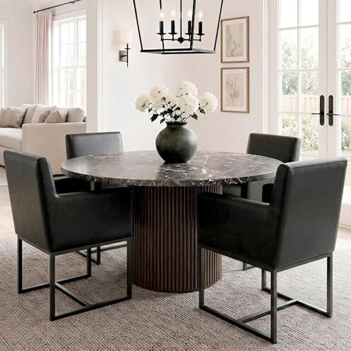 Image of HNY Mid Century Modern Upholstered Dining Chairs with Arms Set of 4, Faux Leather Accent Chairs with Black Finish Metal Frame, 19 inch Wide Arm Chairs for Living Room Kitchen Bedroom, Black