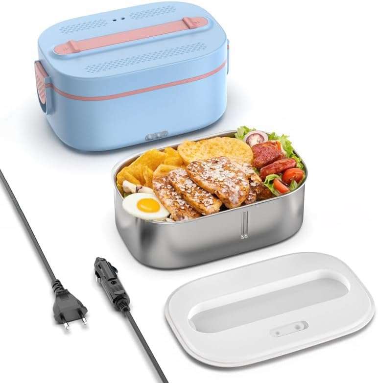 Wlikeit Fiambrera Electrica, 80 W 1.5 L Calentador Comida, 12 V/24 V/220 V,3 en 1 Lancheira Portatil Rápida Aquecedor, para Coche, Camión, Oficina, Azul