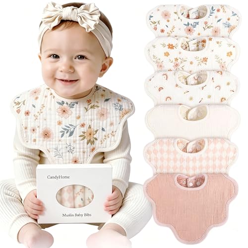 Image of CandyHome Muslin Bibs for Baby Girl Boy 6 Pack, 100% Cotton Extra Soft Absorbent Bandana Baby Bibs for Drooling and Teething Toddler Baby Girl Newborn Essentials Gifts
