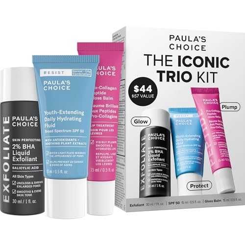 Paulas Choice The Iconic Trio Kit Travel 2% BHA Liquid Exfoliant Travel SPF 50 Moisturizer Full Sized Peptide Gloss Balm Complete Glow and Lip Care Set