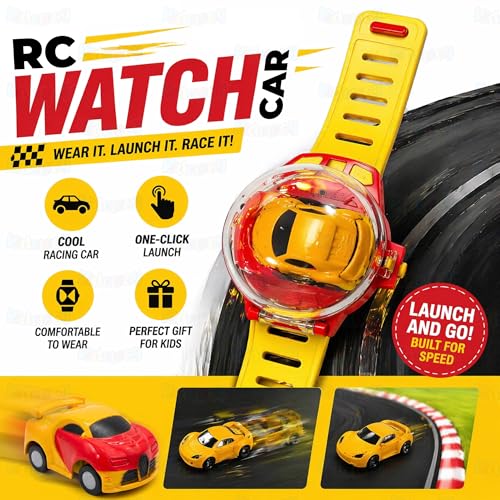 Image of Kidology 2-in-1 RC Watch Mini Car for Kids 4+ Years | Wear & Race Remote Control Car Toy | One-Click Launch with 2.4G Control & LED Lights | USB Rechargeable Wrist RC Car | Gift for Boys & Girls