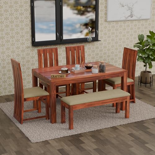 Image of 57 Inch Length Solid Sheesham Wood 6 Seater Dining Table Set | Six Seater Dinner Table with 4 Cushions High Chairs & 1 Bench | Dinning Table Set 6 Seater for Living Room | Honey Finish