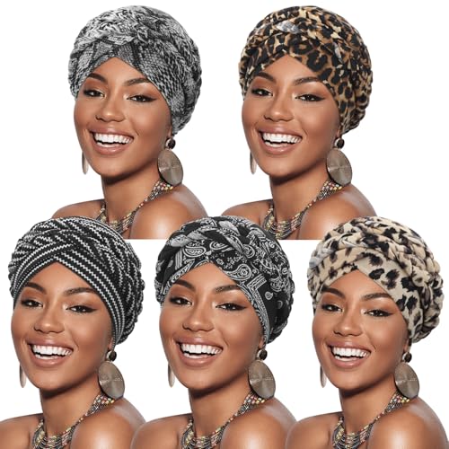 Image of DRESHOW African Women Turban Caps Beanie Twist Headscarf Pre-Tied Double Twisted Braids Headwraps for Women Chemo Cancer Cap