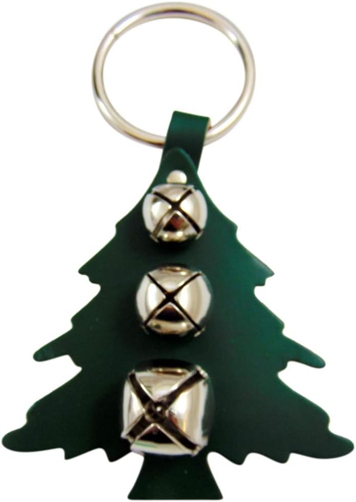 Christmas Tree Sleigh Bell Door Hanger with Brass Bells and Green Leather Made in The USA