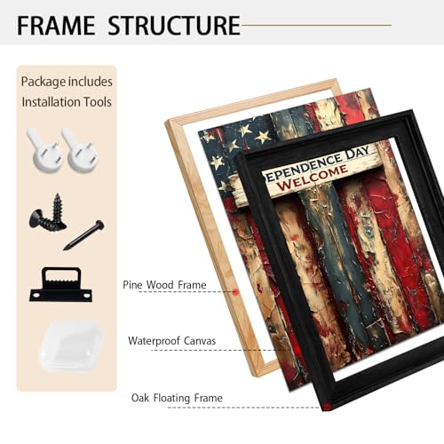 Image of American Flag Framed Canvas Wall Art, Independence Day Welcome Sign Canvas Prints, USA Flag Wood Texture Patriotic Decorations, 4th of July Red White Blue Wall Decor for Bedroom Living Room 24x36