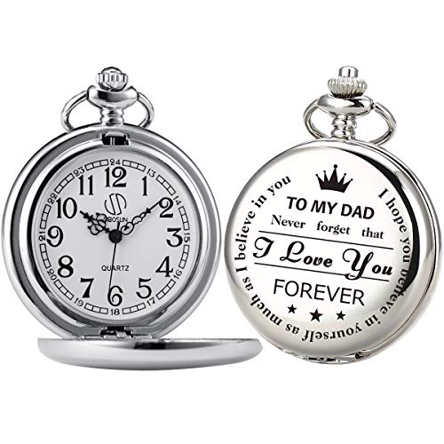 SIBOSUN Pocket Watch Men Personalized Silver Chain Quartz from Son Daughter Child to DAD Engraved Silver