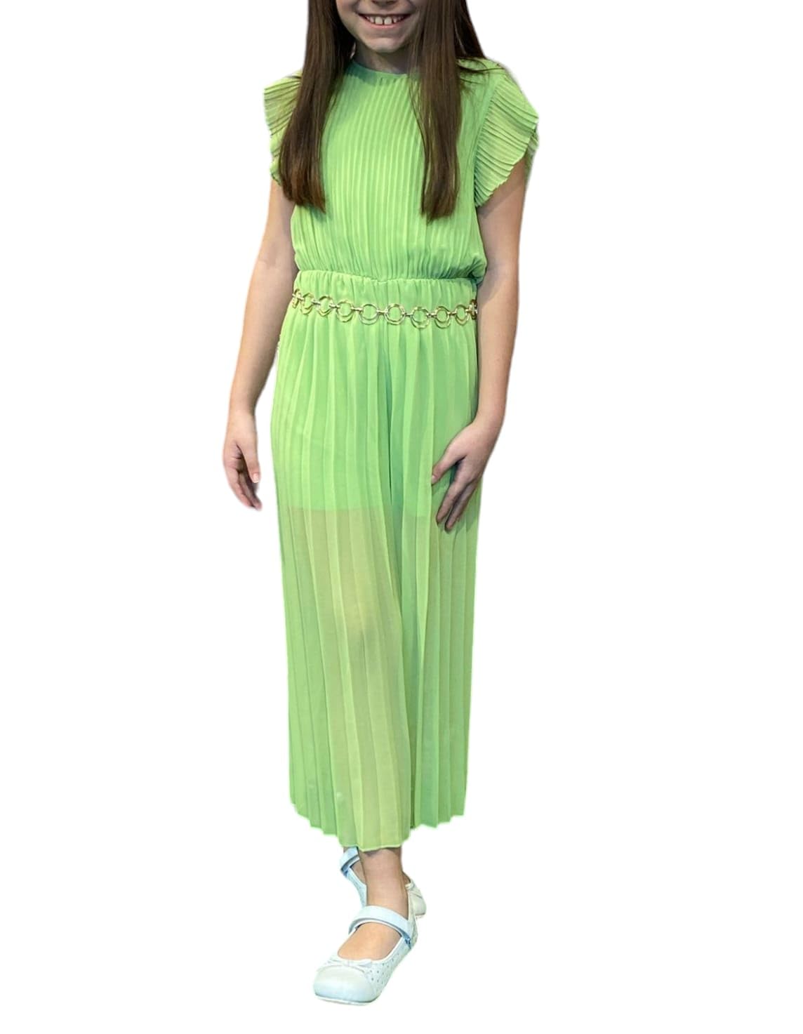 IDO Mono elegante ceremonia niña 10 años – 140 cm color verde brillante con pantagonal plisado, Verde, 10 años