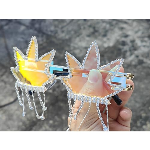 Vintage Punk Rhinestone Sunglasses Men Women Fashion Colorful Rimless Leaf-shaped Crystal Sun Glasses (red C2)4