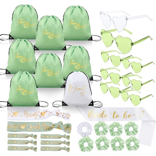 BBTO 33 Teiliges JGA Accessoires Frauen Set Bride to Be Team Bride Junggesellinnenabschied Set mit 8 Turnbeutel 8 Herzbrille 8 Armbander 8 Scrunchie 1 Brautschärpe Bachelorette Hochzeit
