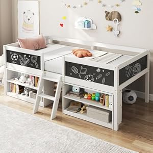 Giantex Low Loft Bed Twin Size, Wooden Loft Bed with Ladder & Blackboard, Twin Bed Frames for Kids with Storage 2 Bookcases and Under-Bed Play Space, Kids Twin Bed (White) Giantex Low Loft Bed Twin Size Wooden Loft Bed with Ladder Blackboard Twin Bed Frames for Kids with Storage 2 Bookcases and Under Bed Play Space Kids Twin Bed White
