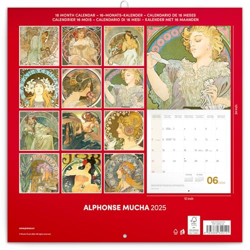 Calendário 2024-2025, calendário de parede Alphonse Mucha, calendário mensal, calendário suspenso de