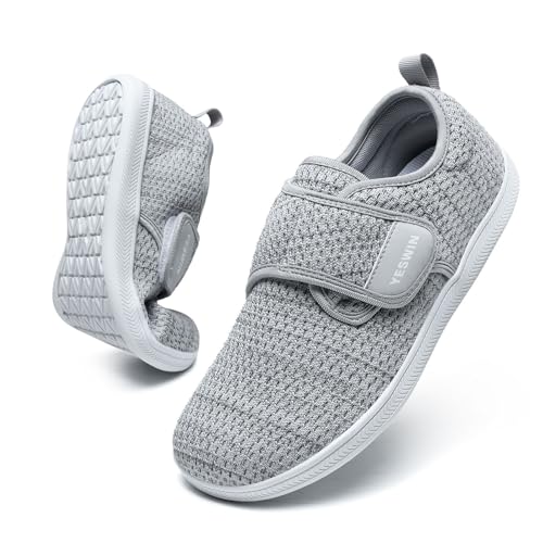 YESWIN Diabetic Walking Shoes for Women Wide Toe Box Non Slip Comfortable Breathable Zero Drop Barefoot Shoe with Adjustable Strap for Neuropathy, Edema, Swollen Feet, Elderly, Pregnancy Grey