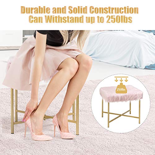Giantex Ottoman Footrest W/Padded,Luxurious Faux Fur Covered Seat And Gold Metal Base For Living Room, Bedroom Square Ottoman (Pink) #TOP3