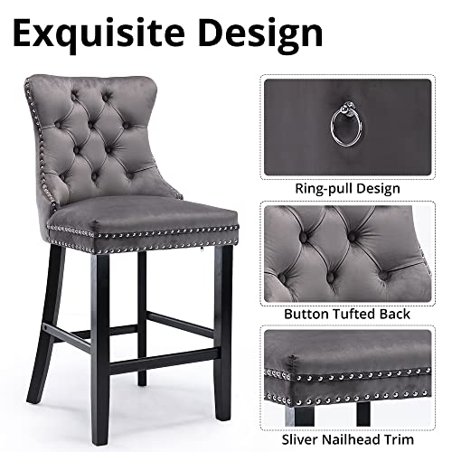 I-Pook Counter Height Bar Stools Set Of 2, Velvet Upholstered Barstools With Button Tufted, Nailheads Trim And Solid Wood Legs, Full Back Bar Chairs For Kitchen Island Dining Room Pub Cafe, Gray #TOP3