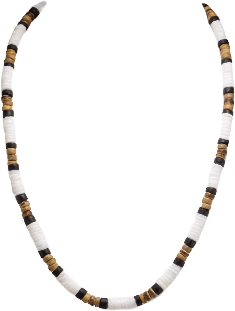 Unisex Puka Shell, Black and Tiger Coconut Beads Necklace
