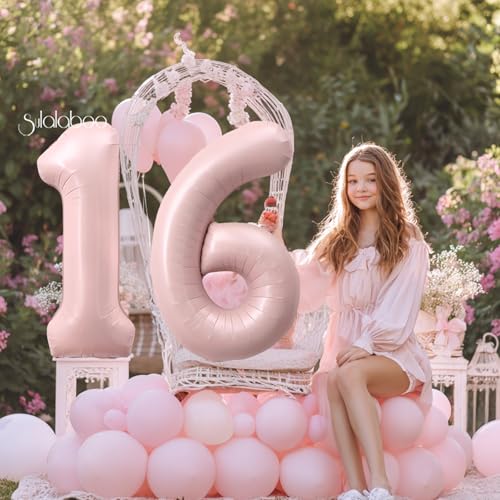 Image of 40 Inch Light Pink Number 16 Foil Big Balloon 0-9 Giant Digital 16th for Birthday Anniversary Graduation Decorations