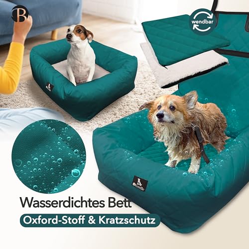 BLUZELLE Hunde Autositz & Hundebett 2-in-1 für Auto Rückbank & Vordersitz - TRAVELBUDDY Wasserfest, rutschfest & Waschbar - Inkl. Sicherheitsgurt & Oxford-Stoff - Marke aus Berlin, Farbe:Petrol