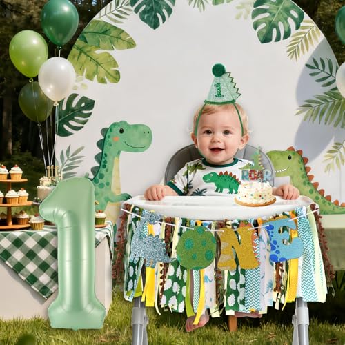 Image of Dinosaur Highchair Banner for First Birthday Party Decorations | Little Dino Roar I m One Birthday Fabric Banner for Boys Green Jungle Dinosaur High Chair Banner for 1st Bday Backdrop Decors