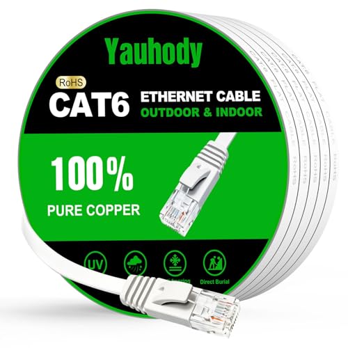 Yauhody CAT 6 Ethernet Cable 10m, Pure Copper High Speed Solid Flat CAT6 Gigabit Internet Network LAN Patch Leads,Snagless RJ45 Connector for Modem, Router, PC (10m,White)
