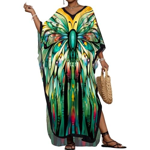 Bsubseach Kaftan Dresses for Women Floral Print Caftans Bathing Suit Cover Ups Plus Size Long Beach Coverup Dress Green