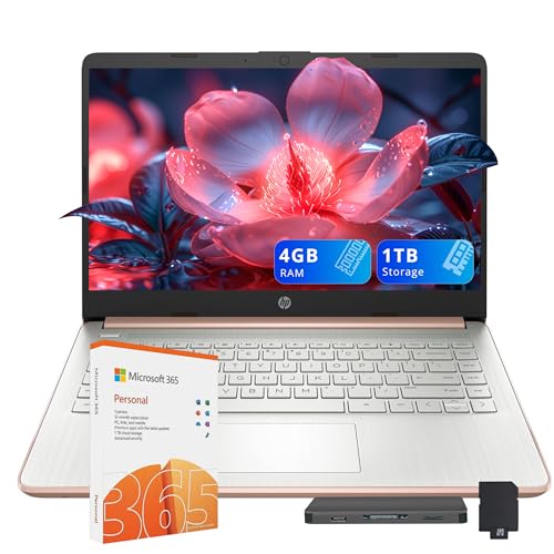 Image of HP Stream 14 inch HD Business Laptop, Intel Celeron N4120, 4GB RAM, 1TB Storage (64GB eMMC + 1TB Docking Station Set), Intel UHD Graphics, 720p Camera, Wi-Fi, 1 Year Office 365, Win 11 Home, Rose Gold