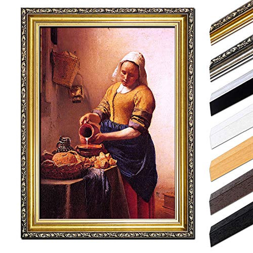 Bilderdepot24 Bild mit Rahmen - Jan Vermeer Dienstmagd mit Milchkrug 40x50 cm - Gerahmtes Leinwandbild Alte Meister - Antiker Rahmen Gold Barock, Klassisch