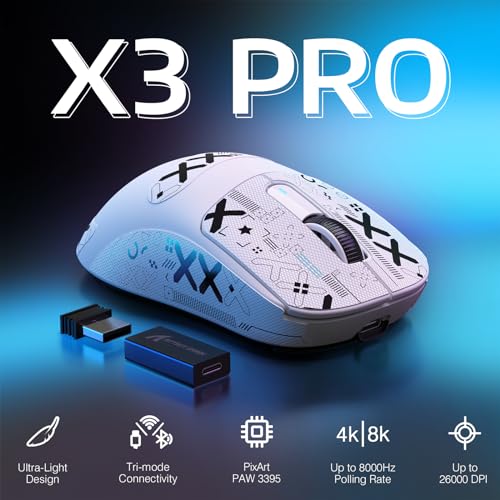 Image of ATTACK SHARK X3 PRO 4K /8K Lightweight Wireless Gaming Mouse with Tri-Mode(Wired /2.4GHz /BT),PAW3395 Optical Sensor,26K DPI,Kailh GM8.0 Switch,Long Battery,7 Buttons for PC /Laptop /Win /Mac(White+Sticker)