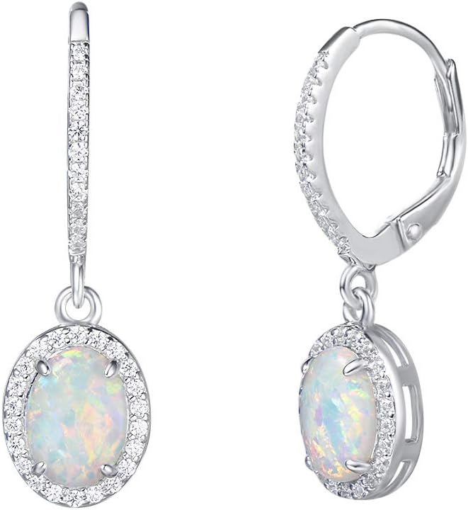 FANCIME Lever Back Earrings Sterling Silver Created White Fire Opal Halo Cubic Zirconia French Back Earrings Opal Jewelry for Women
