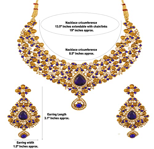 Touchstone Indian Bollywood Traditional Floral Theme White Rhinestone And Blue Faux Sapphire Bridal Designer Jewelry Necklace Set For Women In Antique Gold Tone #TOP4