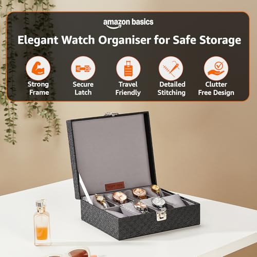 Image of Amazon Basics Unisex Faux Leather Watch Organiser Box with 8 Slots| 23.5LX21BX8H cm | Black