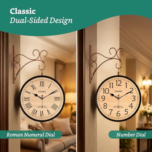 Image of Amazon Brand - Solimo Double Sided Vintage Station Wall Clock, one Side Roman and Other Side Numeral dial (10 Inches, Black with Copper Finish) Metal, Analog