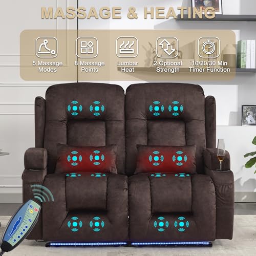 Image of URRED Power Loveseat Recliner Sofa with Massage and Heat, Wall Hugger Reclining Loveseat, RV Couch Home Theater Seating with LED Lights for Living Room (Brown, 54 inch - 2 Seats)