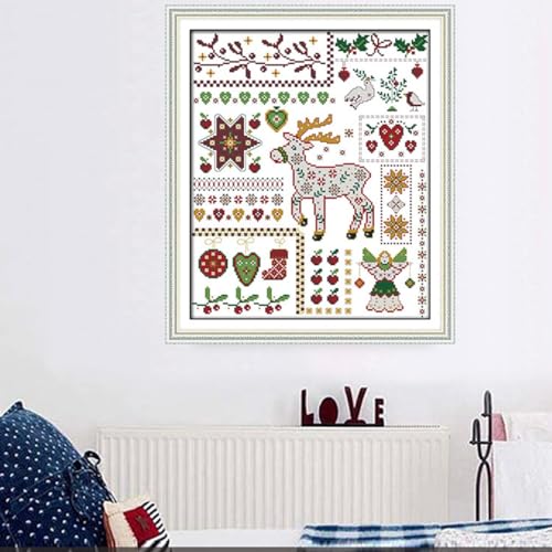 Image of Rosyfoxes Cross Stitch Kits Stamped Full Range of Embroidery Starter Kits for Beginners DIY 11CT 3 Strands - Printed kit Santa Elk with Dolls (Printed) 16.9x20.1 inches