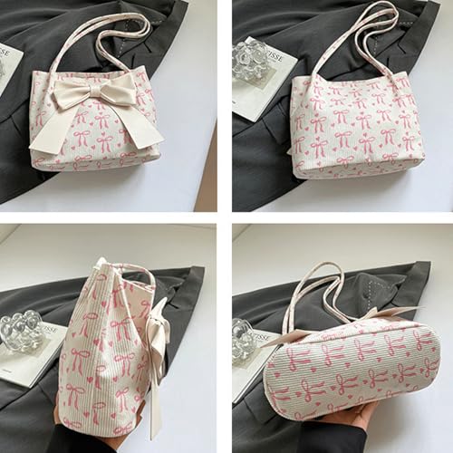 Bow Purse Corduroy Bow Tote Bag Cute Shoulder Bag with Bowknot Heart Printed Handbag Trendy Gift for Women4