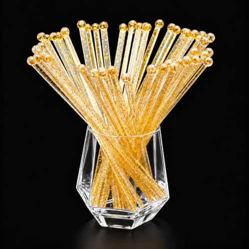 50 PCS Gold Glitter Plastic Swizzle Sticks, Crystal Cocktail Stirrers