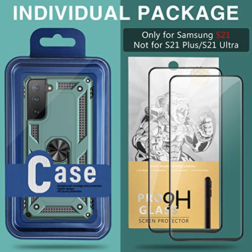 Case For Samsung Galaxy S21 5G Case Heavy Duty With Built In Screen Protector Hard Armor Military Anti-Fall Bumper Cover For Samsung S21 5G 6.2 2021 Phone Cases With Magnetic Ring Kickstand Green #TOP6