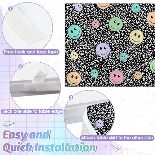 Image of 6FT Smiley Face Table Skirt Teacher Desk Skirt for Composition Notebook Classroom Decor Rectangle Tablecloth Colorful Table Cover for Back to School Party Supplies Home Dorm Office Bookcase Cabinet